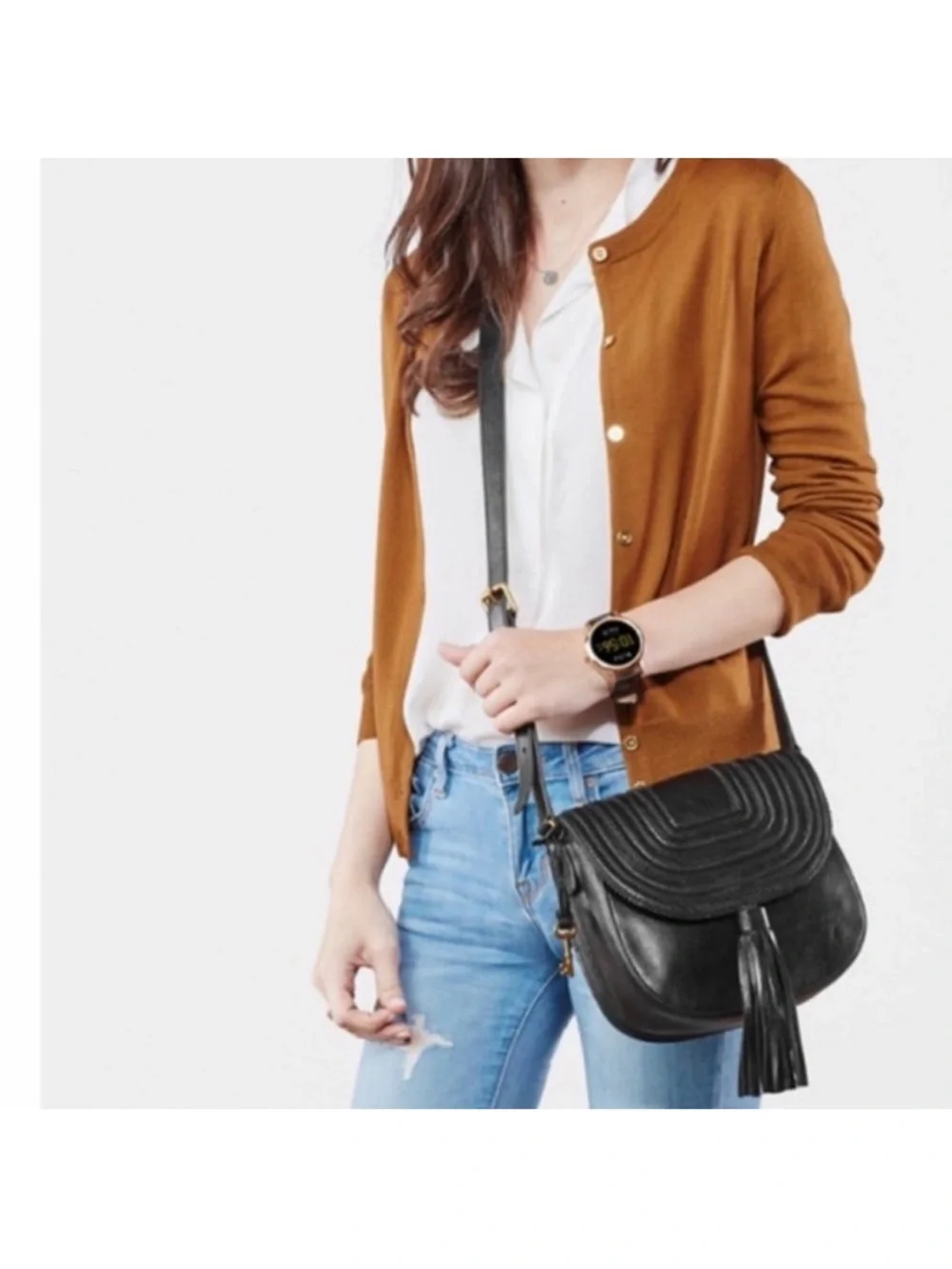 Fossil Emi Leather Tassel Crossbody Black Saddle Bag